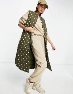 Y.A.S. Kikki Long Quilted Gilet In Khaki Polkadot For Women Kikki Dots