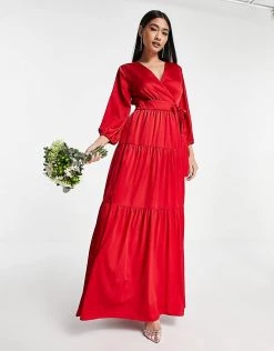 Y.A.S Bridesmaid Maxi Dress With Cut Out Back And Wrap Front In Red For Women