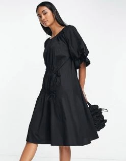 Y.A.S Ruched Puff Sleeve Dress In Black For Women -Women's Y.A.S Sales Shop unnamed file 203