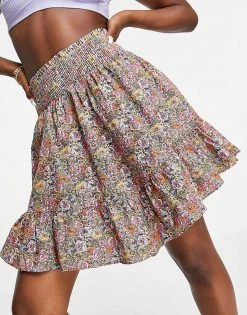 Y.A.S Organic Cotton Tiered Shirred Detail Mini Skirt In Pink Floral For Women