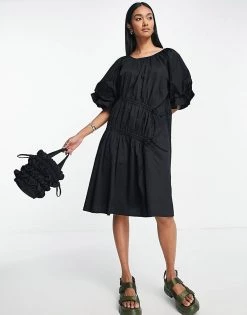 Y.A.S Ruched Puff Sleeve Dress In Black For Women -Women's Y.A.S Sales Shop unnamed file 204