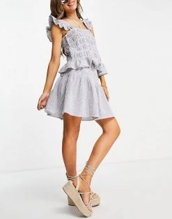 Y.A.S Top With Frill Shoulder & Mini Skirt Co-rd In Blue And White Stripe