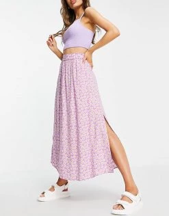 Y.A.S Side Slit Maxi Skirt In Lilac Floral For Women Purple Floral