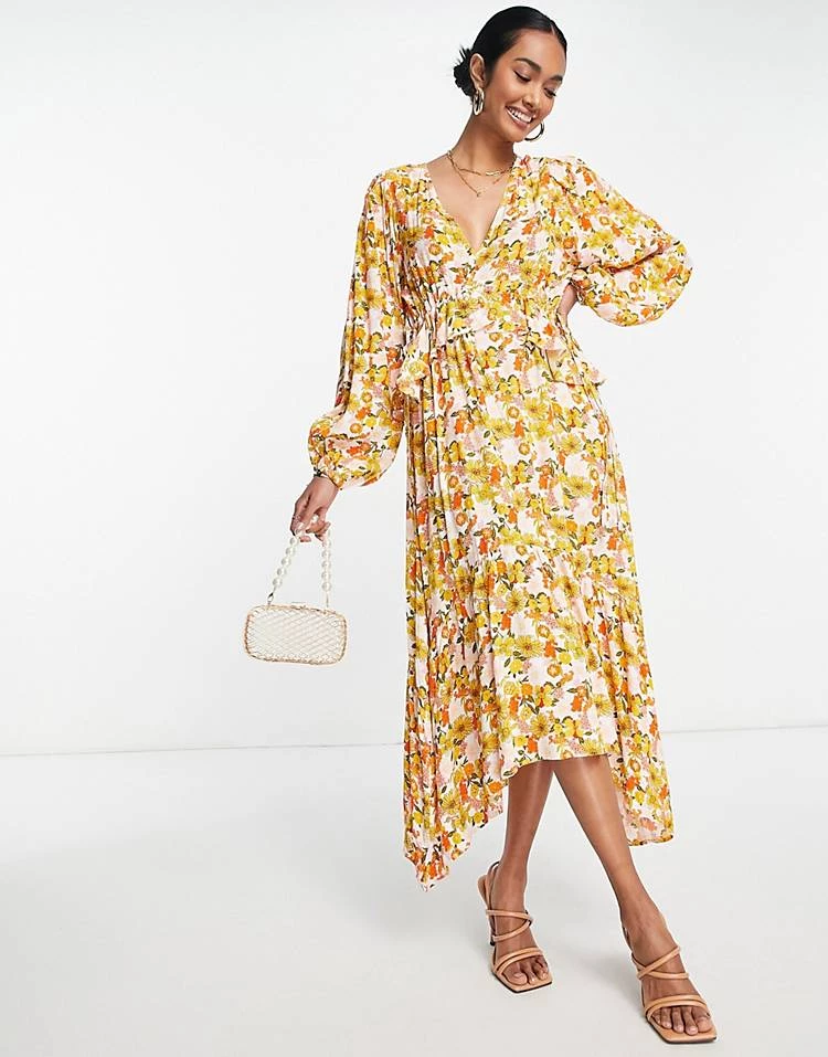 Y.A.S Tie Back Hanky Hem Midi Dress In Yellow 70s Floral For Women Yellow Floral 3 Y.A.S Tie Back Hanky Hem Midi Dress In Yellow 70s Floral For Women Yellow Floral