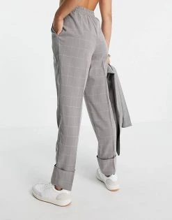 Y.A.S Tailored Straight Leg Trousers With Elasticated Waist And Turn Up Hem In Grey Check For Women -Women's Y.A.S Sales Shop unnamed file 2168