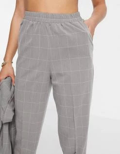 Y.A.S Tailored Straight Leg Trousers With Elasticated Waist And Turn Up Hem In Grey Check For Women -Women's Y.A.S Sales Shop unnamed file 2169