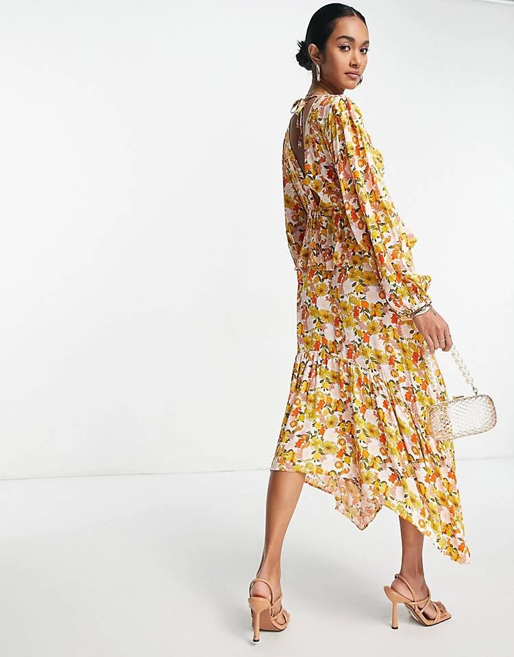 Y.A.S Tie Back Hanky Hem Midi Dress In Yellow 70s Floral For Women Yellow Floral 5 Y.A.S Tie Back Hanky Hem Midi Dress In Yellow 70s Floral For Women Yellow Floral - Image 3