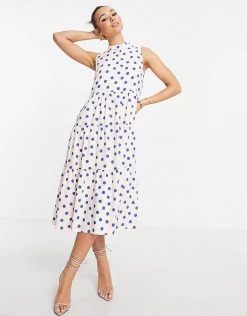 Y.A.S High Neck Tiered Midi Dress In Pink & Blue Spot For Women -Women's Y.A.S Sales Shop unnamed file 224