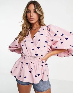Y.A.S Woven Blouse With Puff Sleeve In Pink For Women Pink Heart