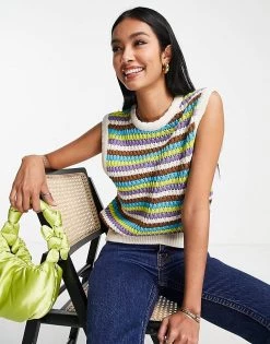 Y.A.S Crochet Co-ord Tank In Multi Stripe For Women Green Stripe