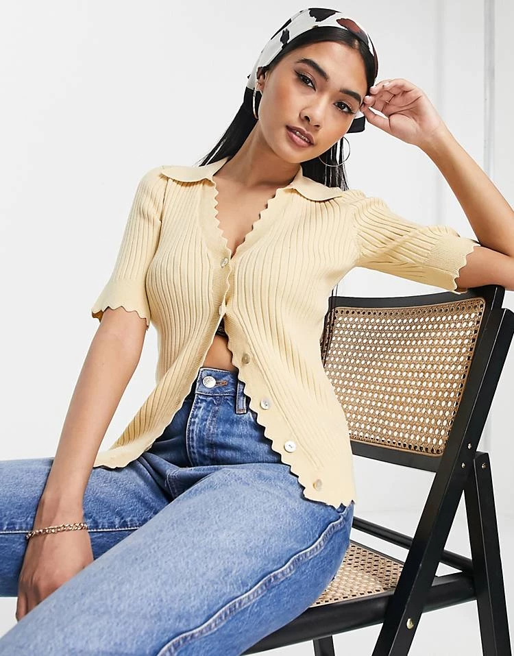 Y.A.S Scallop Edge Knitted Polo Top In Sand For Women 3 Y.A.S Scallop Edge Knitted Polo Top In Sand For Women