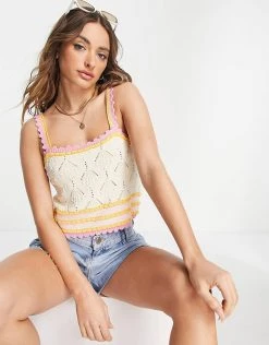 Y.A.S Exclusive Knitted Cami Top With Pink And Orange Stripe For Women Cream Orange Pink
