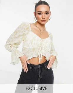 Y.A.S Exclusive Plisse Top With Volume Sleeves And Tie Front In Neutral Animal For Women Multi