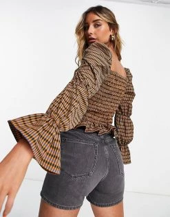 Y.A.S Exclusive Shirred Top In Mustard Check With Blue Embroidery For Women Multi -Women's Y.A.S Sales Shop unnamed file 2312