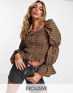 Y.A.S Exclusive Shirred Top In Mustard Check With Blue Embroidery For Women Multi -Women's Y.A.S Sales Shop unnamed file 2314