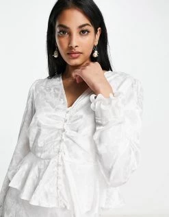 Y.A.S Bridal Jaquard Satin Shirt Co-ord In White For Women Star White -Women's Y.A.S Sales Shop unnamed file 2317