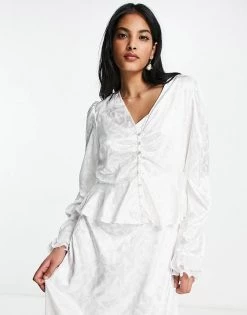 Y.A.S Bridal Jaquard Satin Shirt Co-ord In White For Women Star White -Women's Y.A.S Sales Shop unnamed file 2319