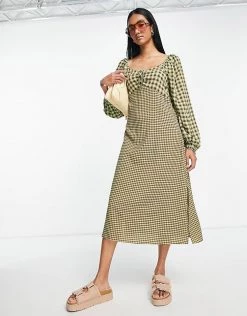 Y.A.S Sweetheart Neck Midi Dress In Brown & Yellow Check For Women Yellow & Brown Check -Women's Y.A.S Sales Shop unnamed file 232