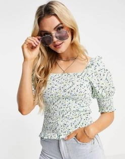 Y.A.S Organic Cotton Shirred Top In Floral Print For Women