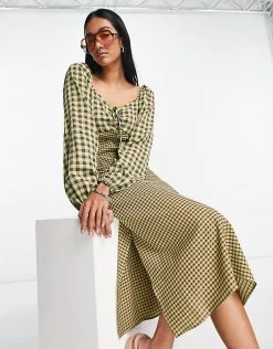 Y.A.S Sweetheart Neck Midi Dress In Brown & Yellow Check For Women Yellow & Brown Check -Women's Y.A.S Sales Shop unnamed file 234