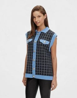 Y.A.S Contrast Knitted Vest In Blue & Black Check For Women Multi