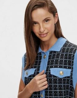 Y.A.S Contrast Knitted Vest In Blue & Black Check For Women Multi -Women's Y.A.S Sales Shop unnamed file 2357