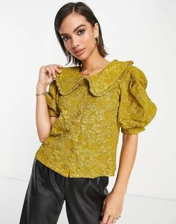 Y.A.S Jaquard Blouse With Puff Sleeve In Mustard For Women