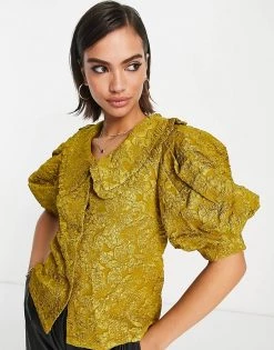 Y.A.S Jaquard Blouse With Puff Sleeve In Mustard For Women -Women's Y.A.S Sales Shop unnamed file 2362
