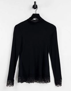 Y.A.S Lace Trim Long Sleeve Top In Black For Women -Women's Y.A.S Sales Shop unnamed file 2384