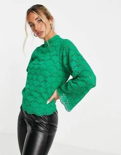 Y.A.S Lace High Neck Top Co-ord In Green For Women Jolly Green