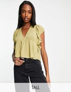 Y.A.S Tall Blouse With Peplum Hem And Frill Sleeve In Green For Women