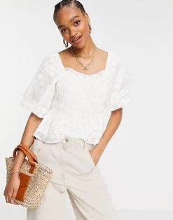 Y.A.S Shirred Top With Puff Sleeves In White For Women