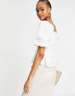 Y.A.S Shirred Top With Puff Sleeves In White For Women -Women's Y.A.S Sales Shop unnamed file 2422