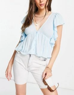 Y.A.S Blouse With Peplum Hem And Frill Sleeve In Blue For Women