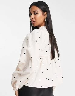 Y.A.S Shirred Blouse In Cream Heart Print For Women -Women's Y.A.S Sales Shop unnamed file 2451