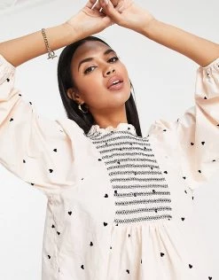 Y.A.S Shirred Blouse In Cream Heart Print For Women -Women's Y.A.S Sales Shop unnamed file 2452