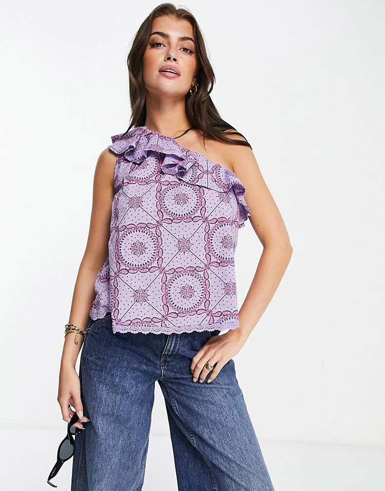 Y.A.S Organic Cotton One Shoulder Top In Purple Tile Print For Women Purple Print 3 Y.A.S Organic Cotton One Shoulder Top In Purple Tile Print For Women Purple Print