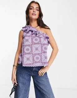 Y.A.S Organic Cotton One Shoulder Top In Purple Tile Print For Women Purple Print 11 Y.A.S Organic Cotton One Shoulder Top In Purple Tile Print For Women Purple Print -Women's Y.A.S Sales Shop unnamed file 2459