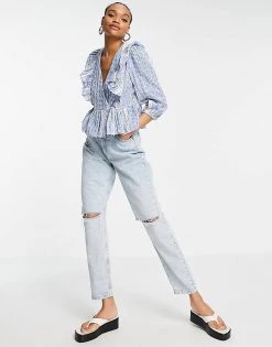 Y.A.S Peplum Wrap Front Blouse In Blue For Women -Women's Y.A.S Sales Shop unnamed file 2463