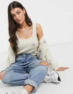 Y.A.S Knitted Top Twinset With Lilac Floral Embroidery In Cream For Women -Women's Y.A.S Sales Shop unnamed file 2478