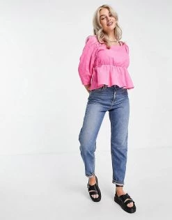 Y.A.S Petite Organic Cotton Square Neck Pephem Top In Bright Pink For Women Pink Floral -Women's Y.A.S Sales Shop unnamed file 2492