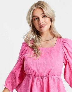 Y.A.S Petite Organic Cotton Square Neck Pephem Top In Bright Pink For Women Pink Floral -Women's Y.A.S Sales Shop unnamed file 2493