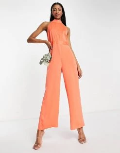 Y.A.S Bridesmaid Halterneck Jumpsuit In Bright Orange For Women