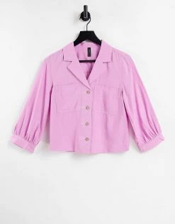 Y.A.S Ruched Sleeve Grandad Shirt In Purple For Women -Women's Y.A.S Sales Shop unnamed file 2514