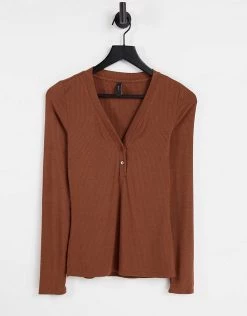 Y.A.S Long Sleeve T-shirt With Button Detail In Rust For Women