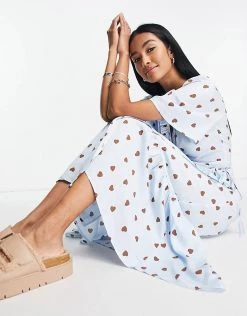 Y.A.S Exclusive Maxi Dress With Frill Detail In Blue And Brown Heart Print For Women Multi -Women's Y.A.S Sales Shop unnamed file 253