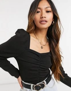 Y.A.S Long Sleeve Top With Sweetheart Neckline And Ruched Body In Black For Women -Women's Y.A.S Sales Shop unnamed file 2547