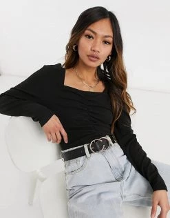 Y.A.S Long Sleeve Top With Sweetheart Neckline And Ruched Body In Black For Women -Women's Y.A.S Sales Shop unnamed file 2549