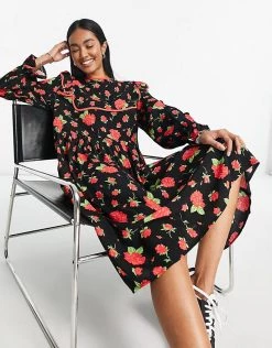 Y.A.S Removable Statement Collar Midi Dress In Rose Print For Women Black