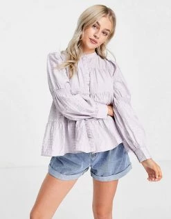 Y.A.S Petite Shirred Detail Shirt In Grey Check For Women -Women's Y.A.S Sales Shop unnamed file 2563